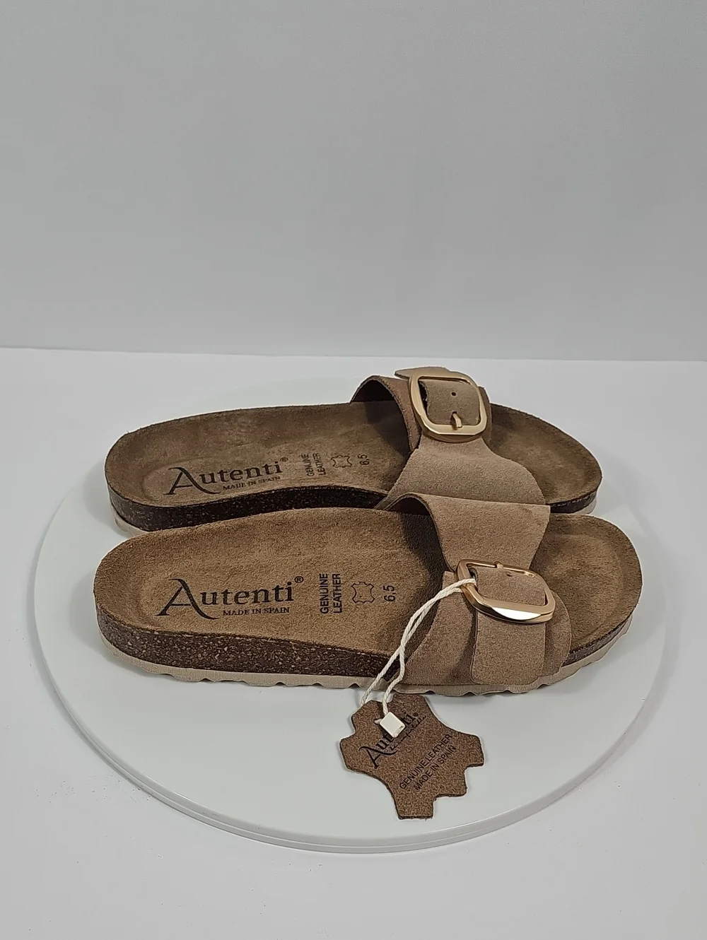 NWT Autenti Spain Leather Cork Footbed Buckle Slide Sandals Taupe 6.5 Vacation